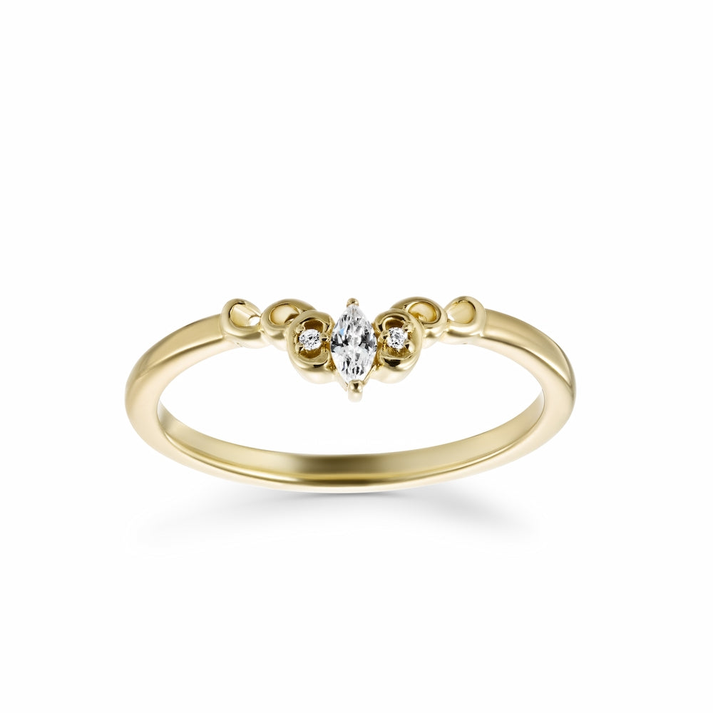 Shown with Marquise Round Cut Lab Grown Diamonds in 14k Yellow Gold|Beautiful unique diamond accented contour wedding band with sculptural inspired designs in 14k yellow gold