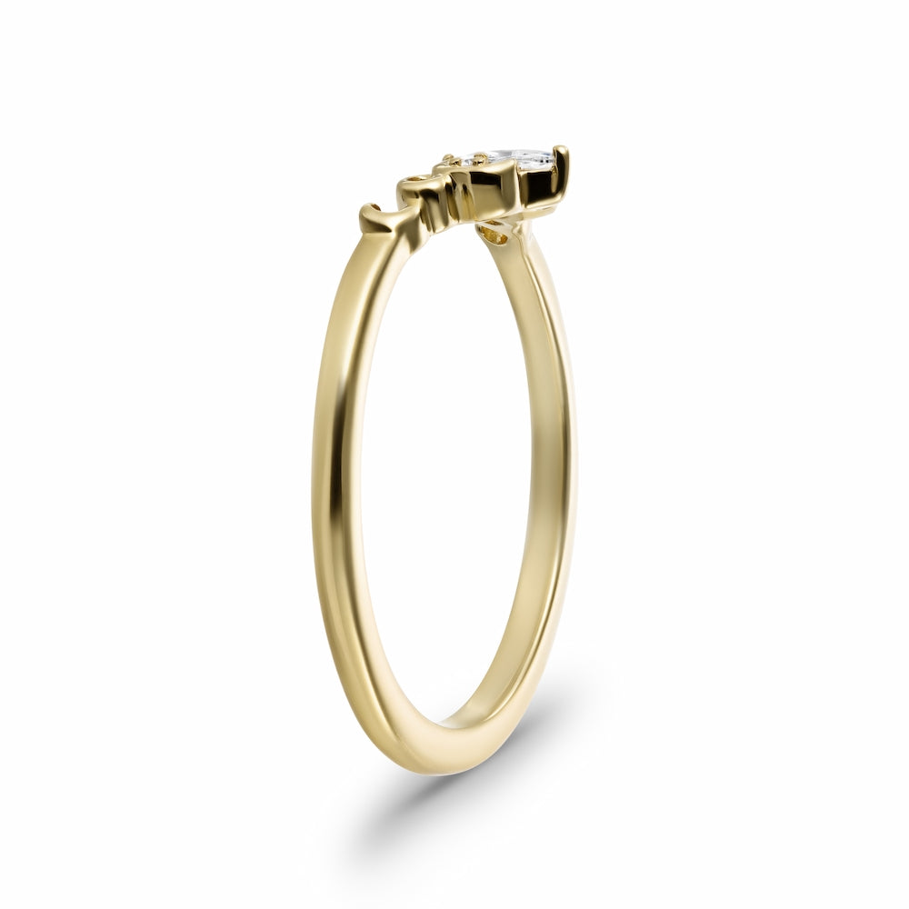 Shown with Marquise Round Cut Lab Grown Diamonds in 14k Yellow Gold|Beautiful unique diamond accented contour wedding band with sculptural inspired designs in 14k yellow gold