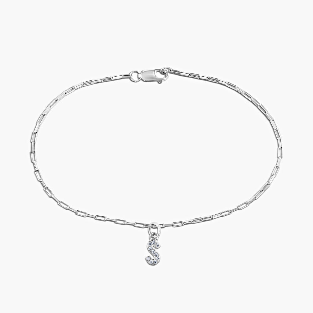 Shown in 14K White Gold|Elongagated Box Chain S Initial Bracelet in 14 Carat Gold with Lab Grown Diamonds by MiaDonna 