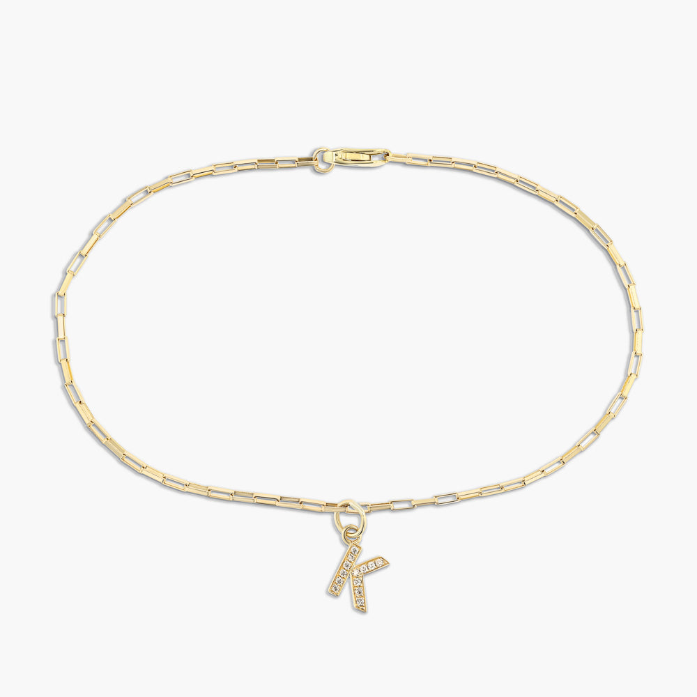 Shown in 14K Yellow Gold with a "K" initial|Elongagated Box Chain K Initial Bracelet in 14 Carat Yellow Gold with Lab Grown Diamonds by MiaDonna
