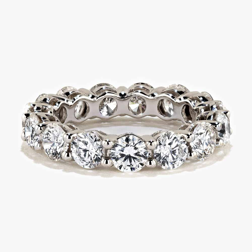 Shown in 14K White Gold|classic diamond eternity band with round cut lab grown diamonds set in 14k white gold recycled metal by MiaDonna